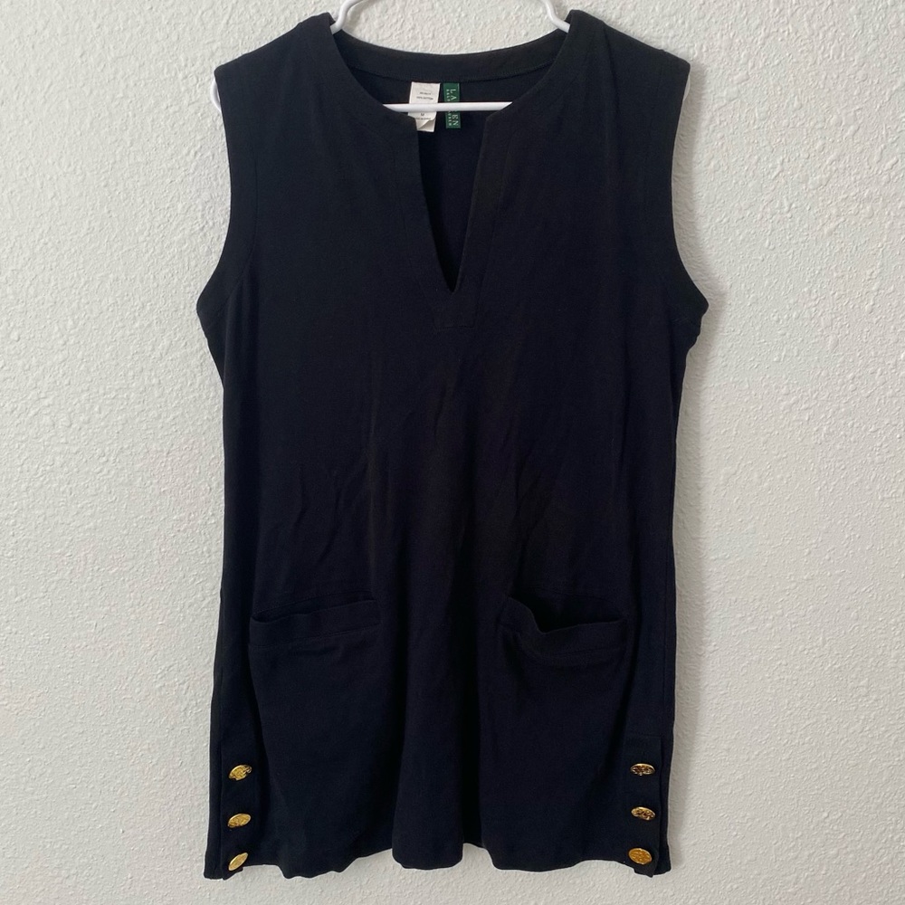Lauren Ralph Lauren Black V-Neck Sleeveless Shift Mini Dress with Gold Buttons